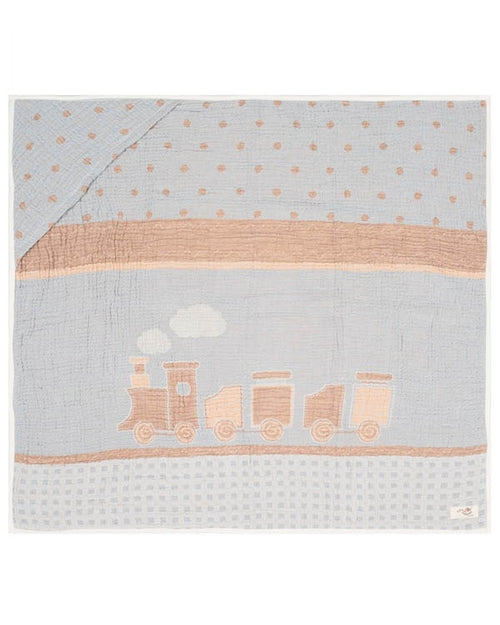 Choo-Choo Train Gauze Hooded Blanket Single