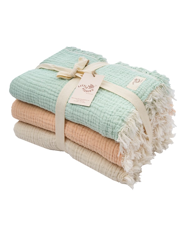 Little Fishies Gauze Receiving Blanket Set – 3 Pack – Seafoam / Peach Fuzz / Natural