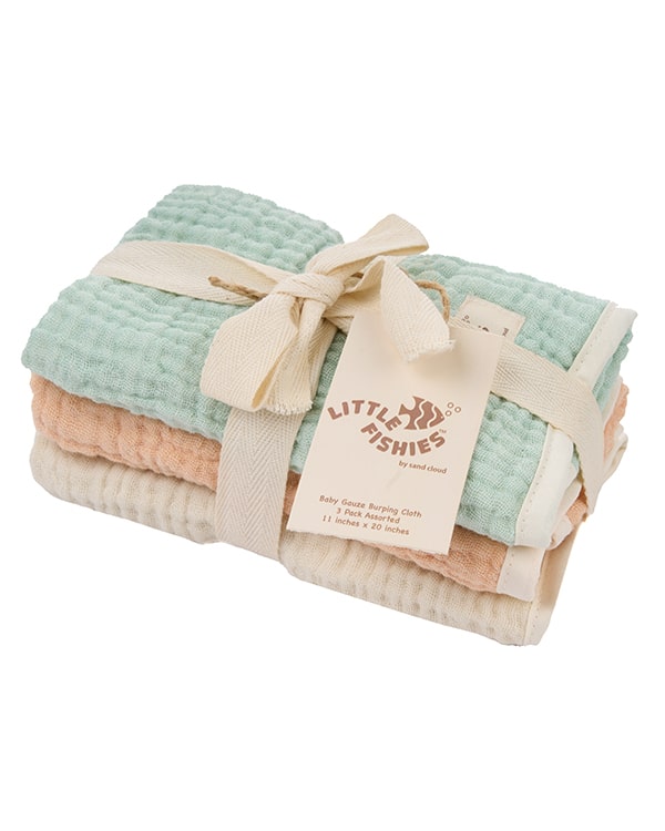 Little Fishies Gauze Burping Cloth Bundle – 3 Pack – Seafoam / Peach Fuzz / Natural