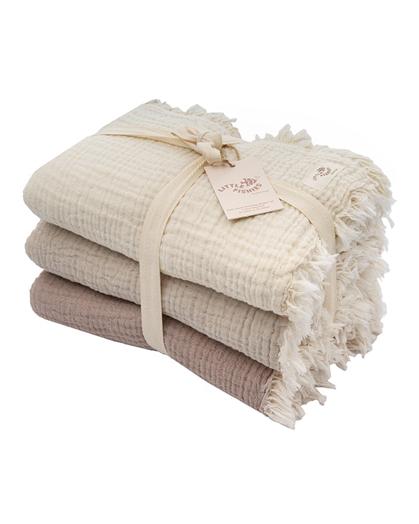 Little Fishies Gauze Receiving Blanket Set – 3 Pack – Seafoam / Peach Fuzz / Natural