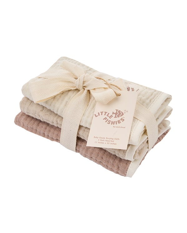 Little Fishies Gauze Burping Cloth Bundle – 3 Pack – Natural / Beige / Warm Taupe