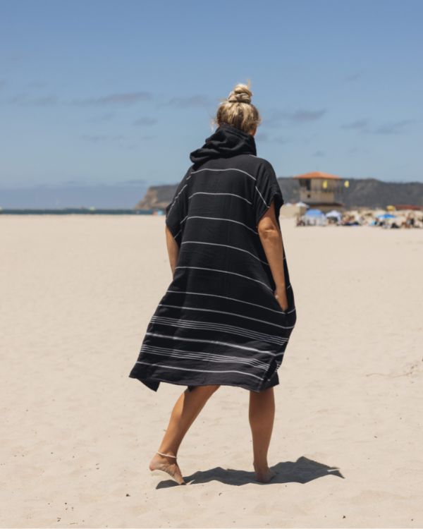 Classic Stripe Hooded Poncho Black