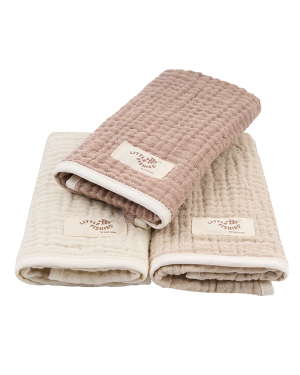 Little Fishies Gauze Burping Cloth Bundle – 3 Pack – Natural / Beige / Warm Taupe