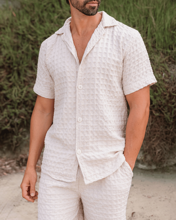 Orb Button Down Waffle Shirt – Sand – Mens