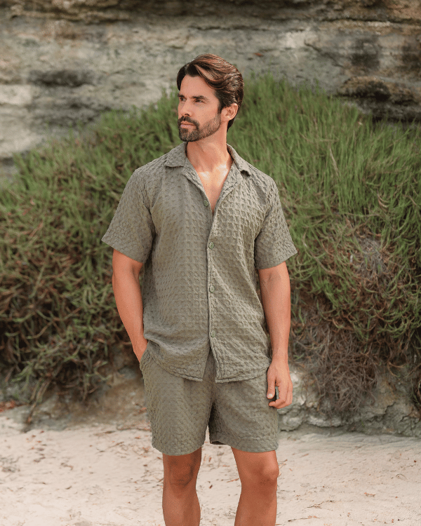 Orb Button Down Waffle Shirt – Olive – Mens