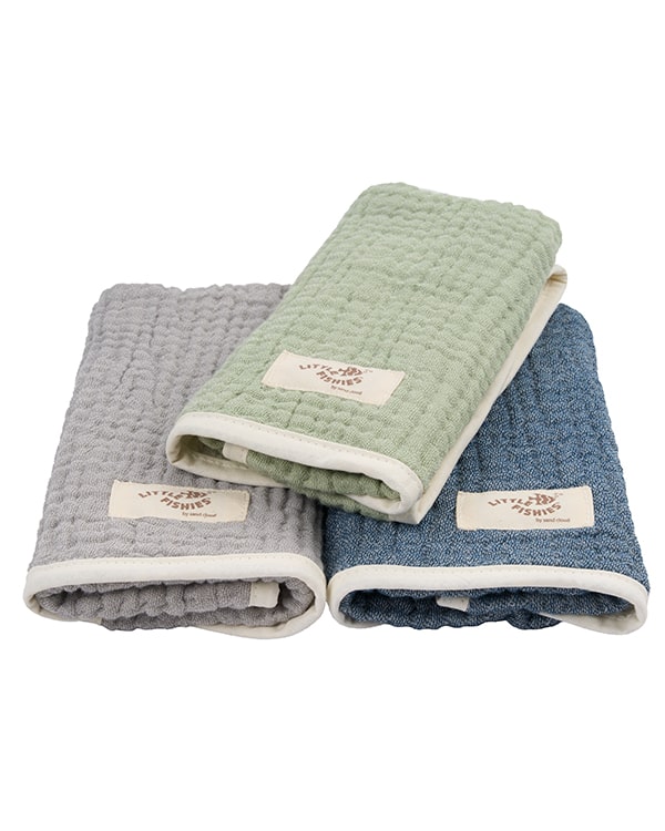 Little Fishies Gauze Burping Cloth Bundle – 3 Pack – Sage / Grey / Navy