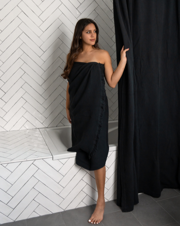 Micro Waffle Shower Curtain – Black