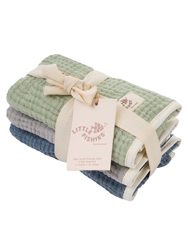Little Fishies Gauze Burping Cloth Bundle – 3 Pack – Sage / Grey / Navy
